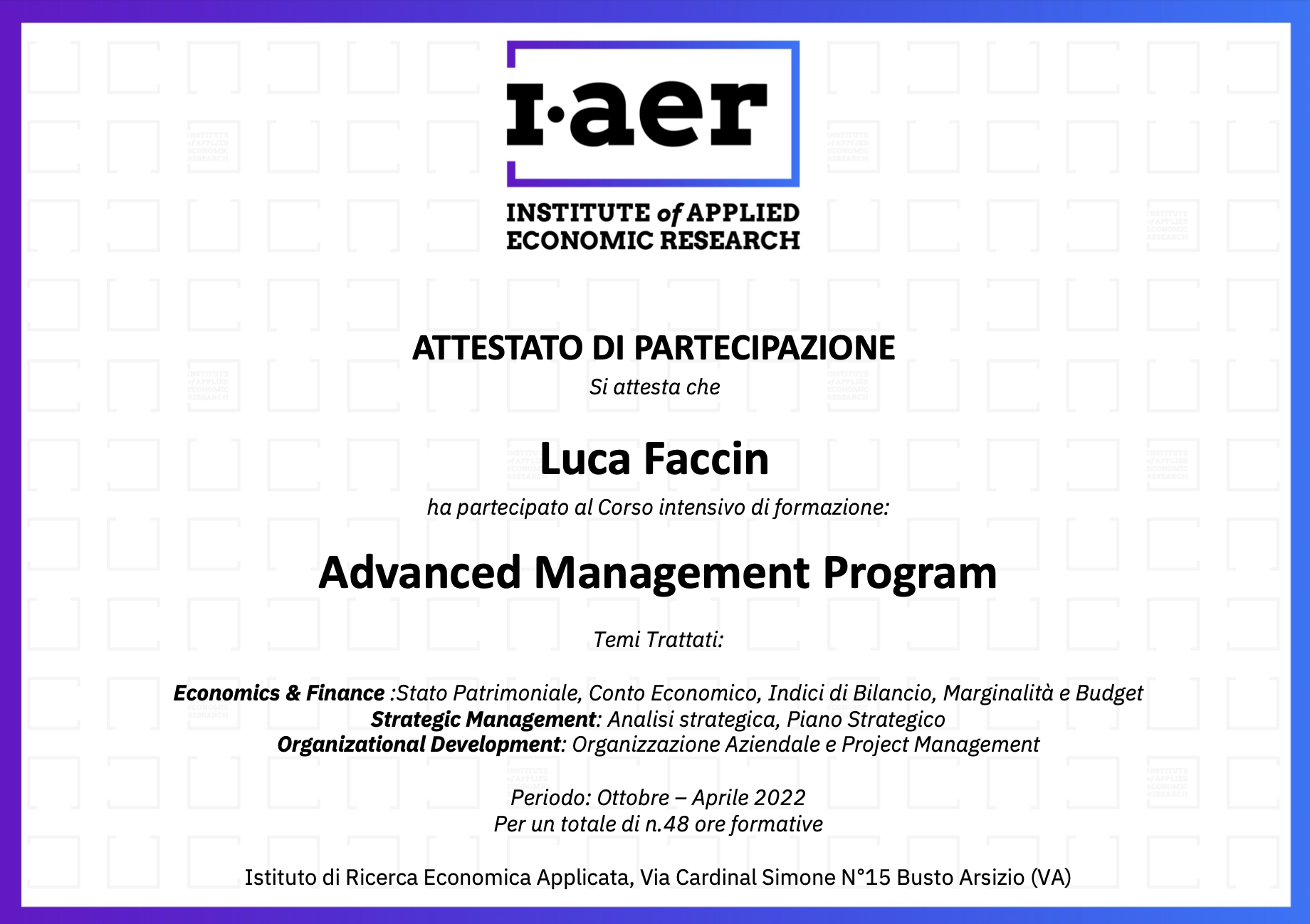 Certificazioni Luca Faccin